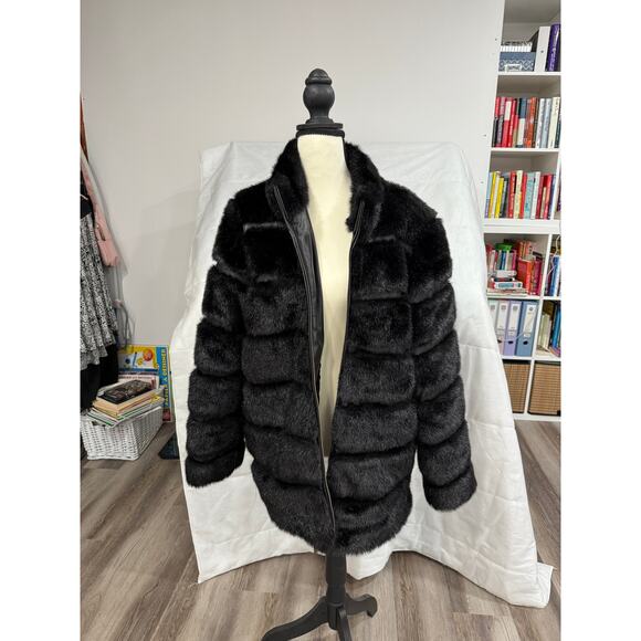 Pamela McCoy Faux Fur Puffer Jacket Black Zip Plush Winter Coat Women’s S Glam - Picture 3 of 11